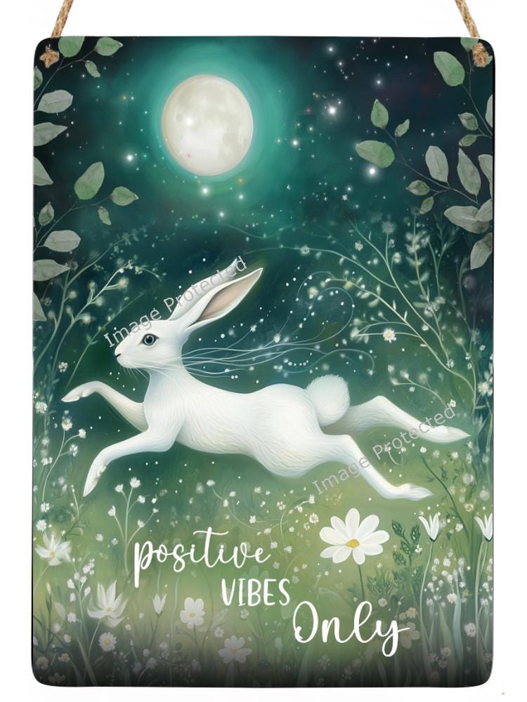 Hanging Metal Sign - Mystic Hare - Motivational Quote, Positive Vibes Only