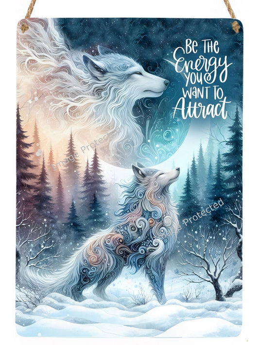 Hanging Metal Sign - Winter Wolf - Motivational Quotes - Be the energy you want to attract