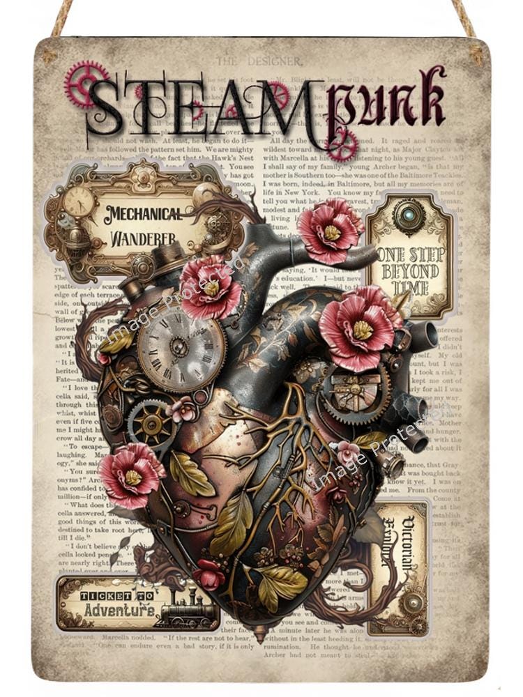 Hanging Metal Sign -  Steampunk Heart - Anatomical Steampunk