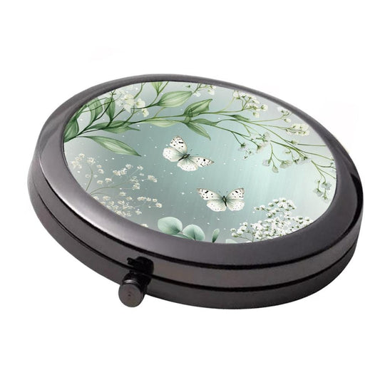 Floral Mirror - Smoke Black - Large Double Compact Mirror - Green & White Babies Breath